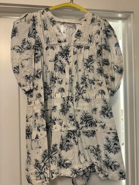 Hunter Bell White Short Sleeve puff sleeve dress with Navy Flamingo & Palm Print